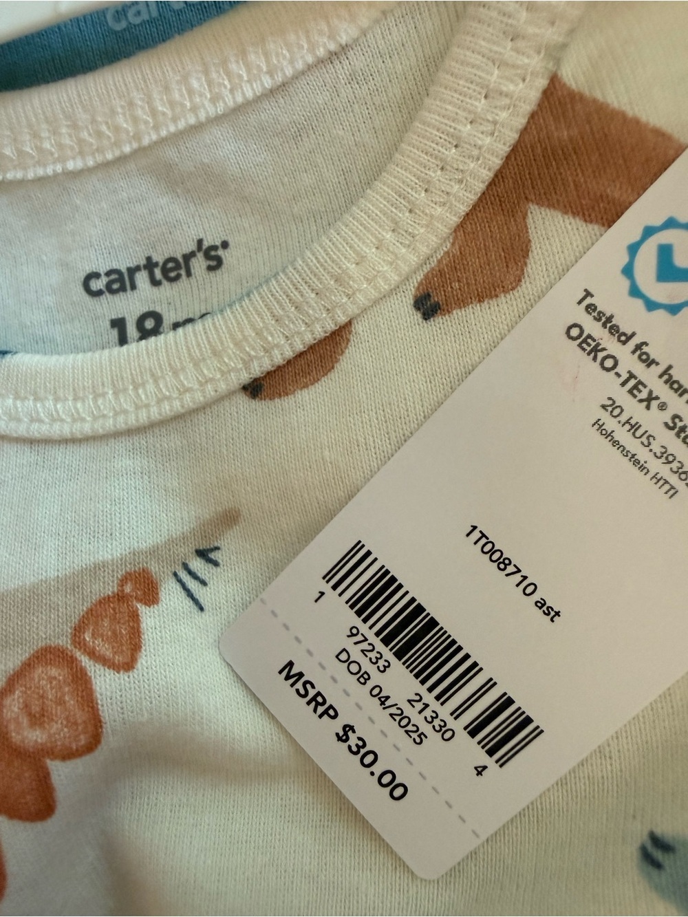 Carter's Dino Print Short-Sleeve One-Piece Bodysuit - Blue/Orange size 18mo NWT - Picture 6 of 6